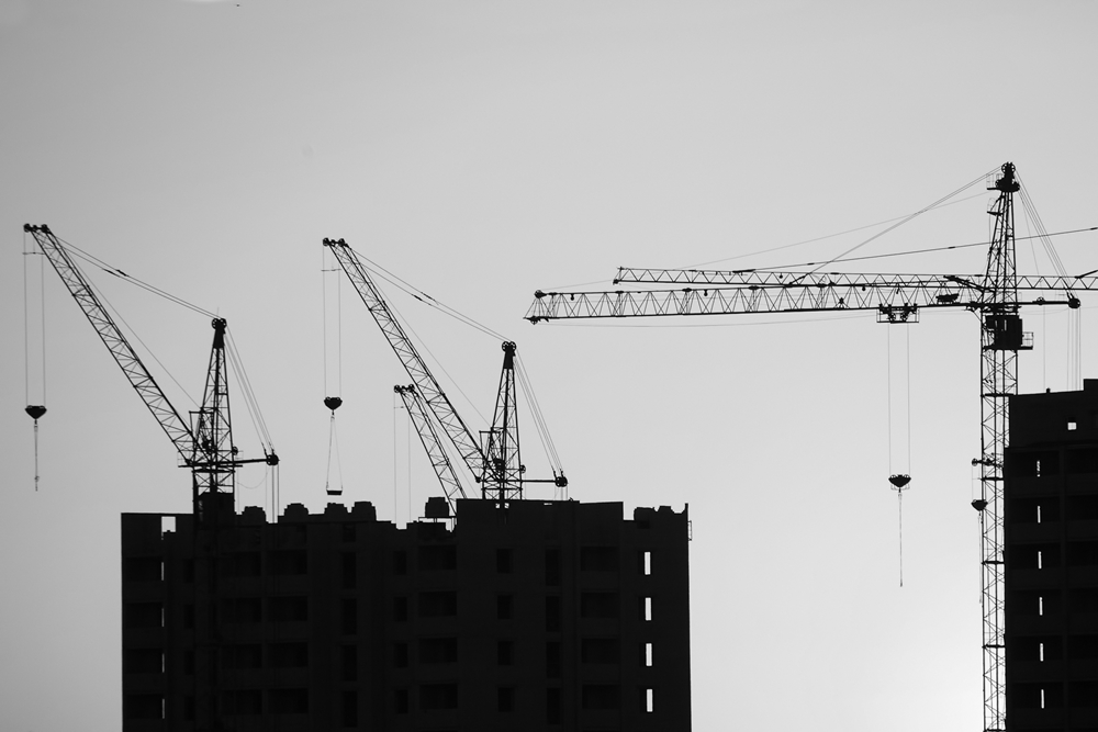 Construction Cranes With Built Houses Space Sunset Sky 2